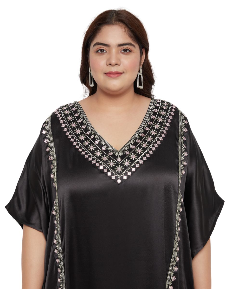 Chic Embroidered Black Satin Kaftan Dress