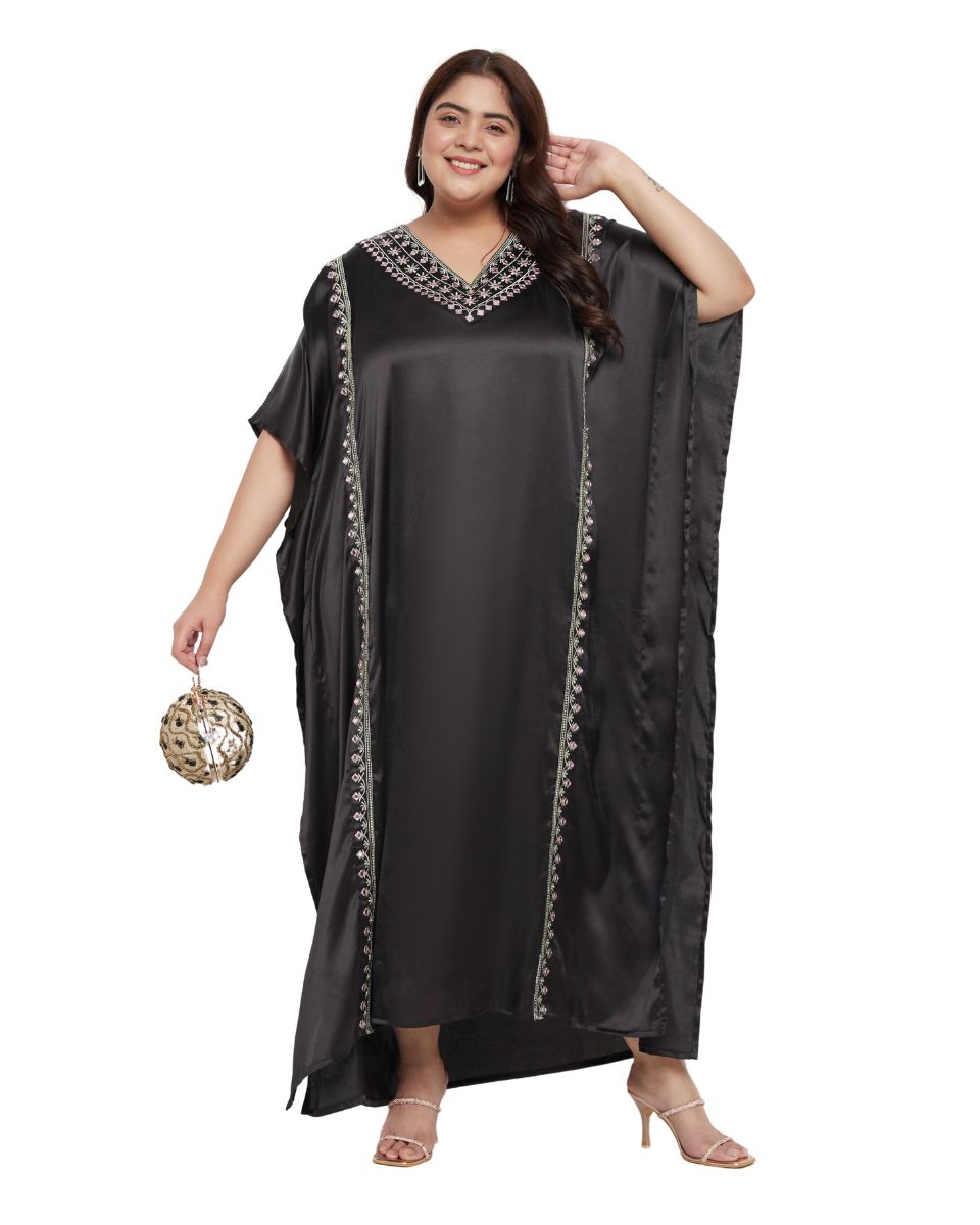 Black Satin Lace Kaftan Dress