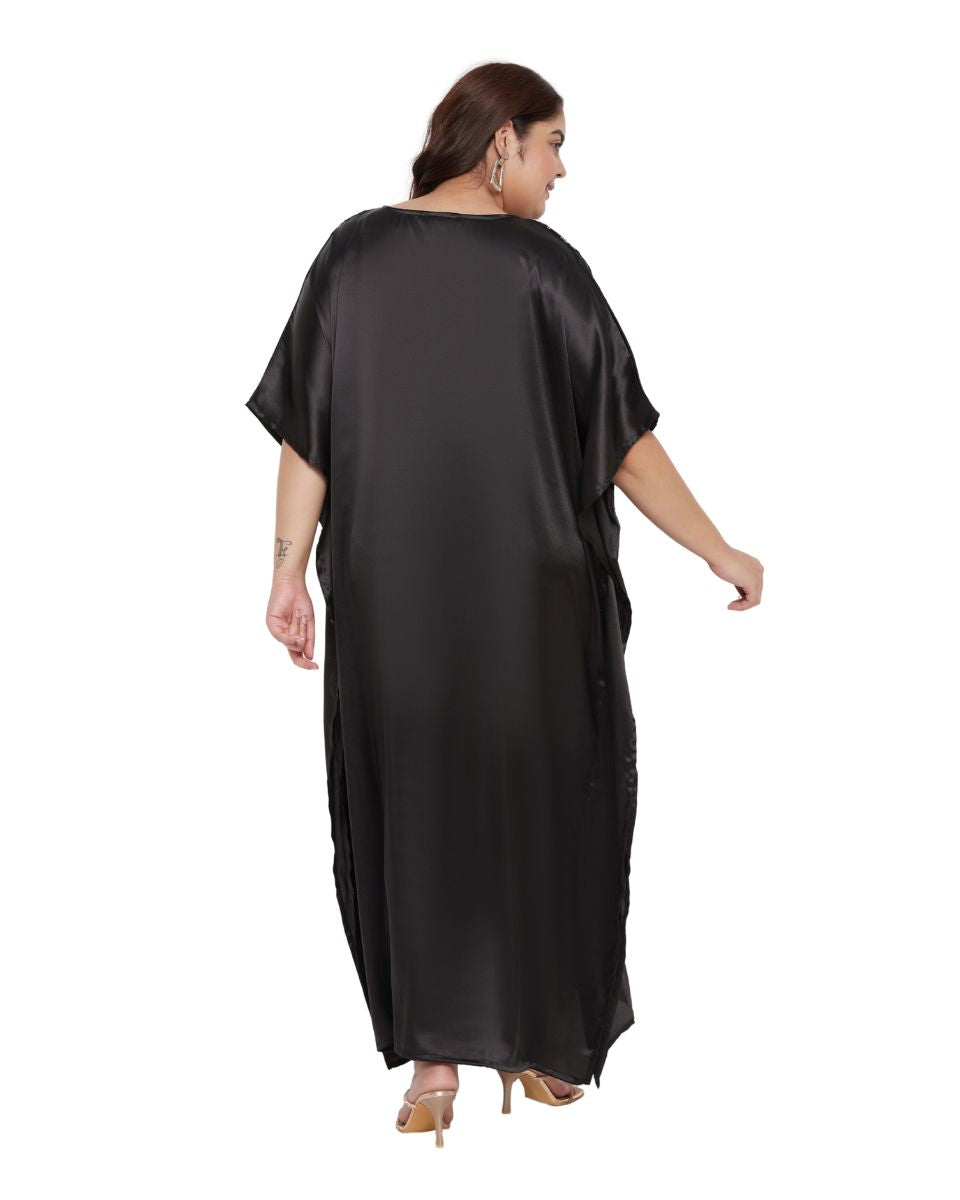 Classic Lace Satin Black Kaftan Long Dress
