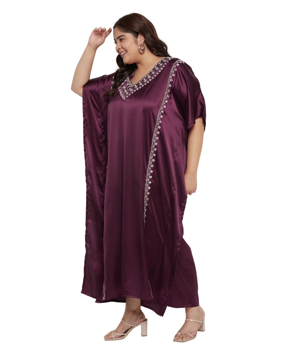 Trendy Wine Satin Kaftan Dress