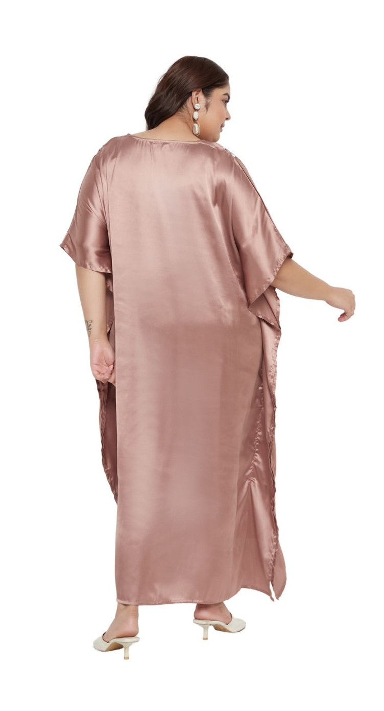 Light Brown Embroidery Satin Kaftan Dress For Plus Size Women - SKU EKFT-1004-WIRO - Gypsie Blu