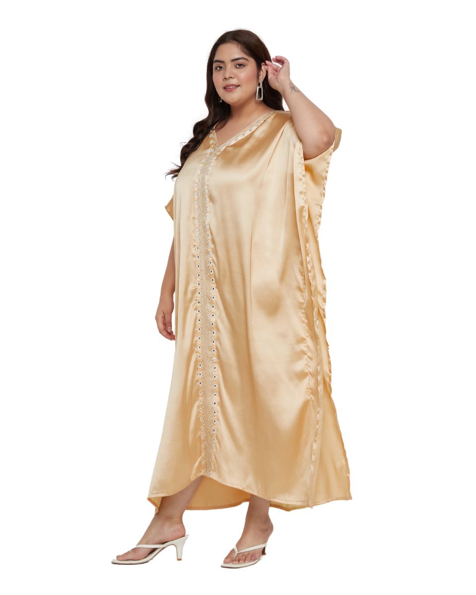 Apricot Tan Satin Evening Dress with Lace