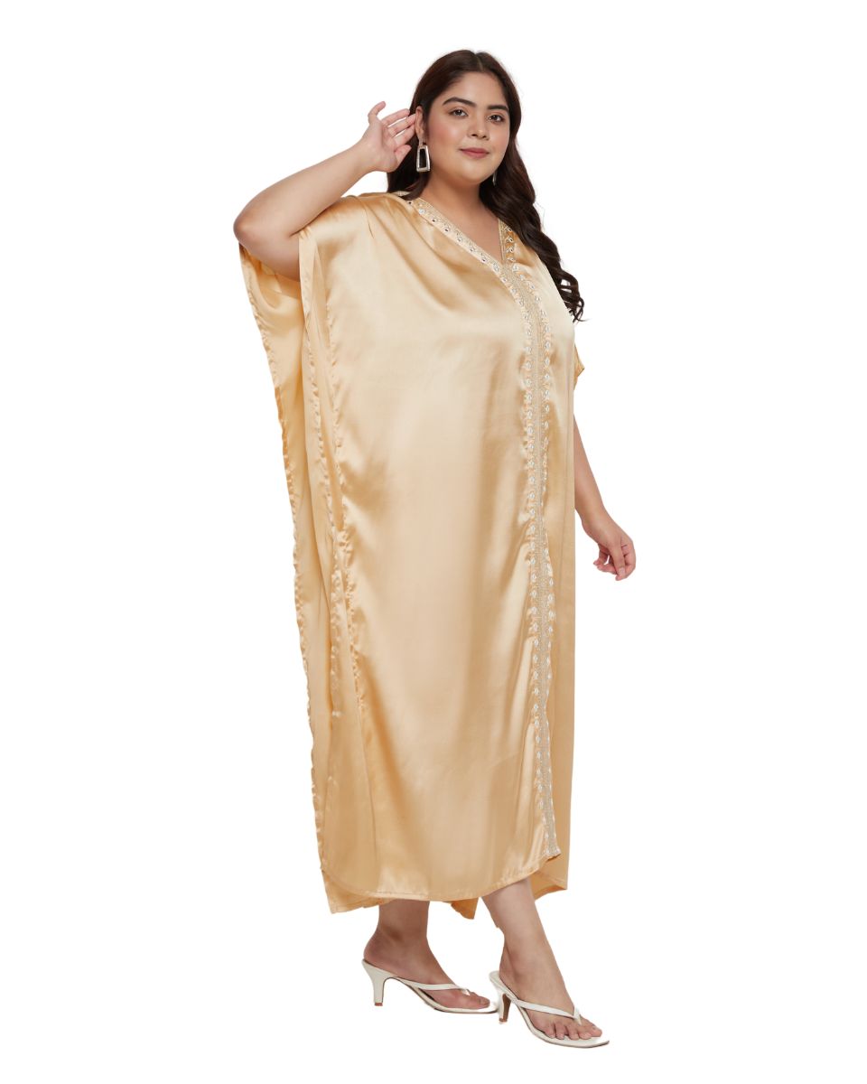 Stylish Apricot Tan Satin Dress with Lace