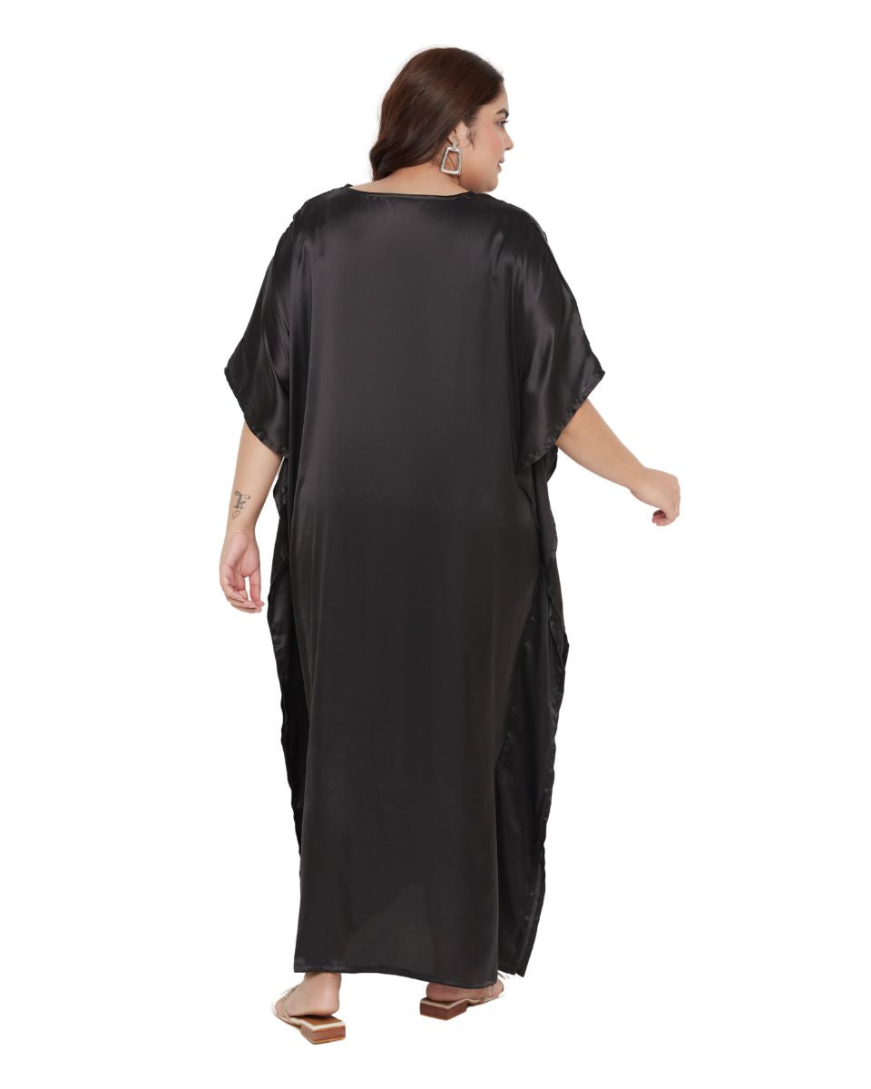 Black Satin Lace Detail Kaftan Dress