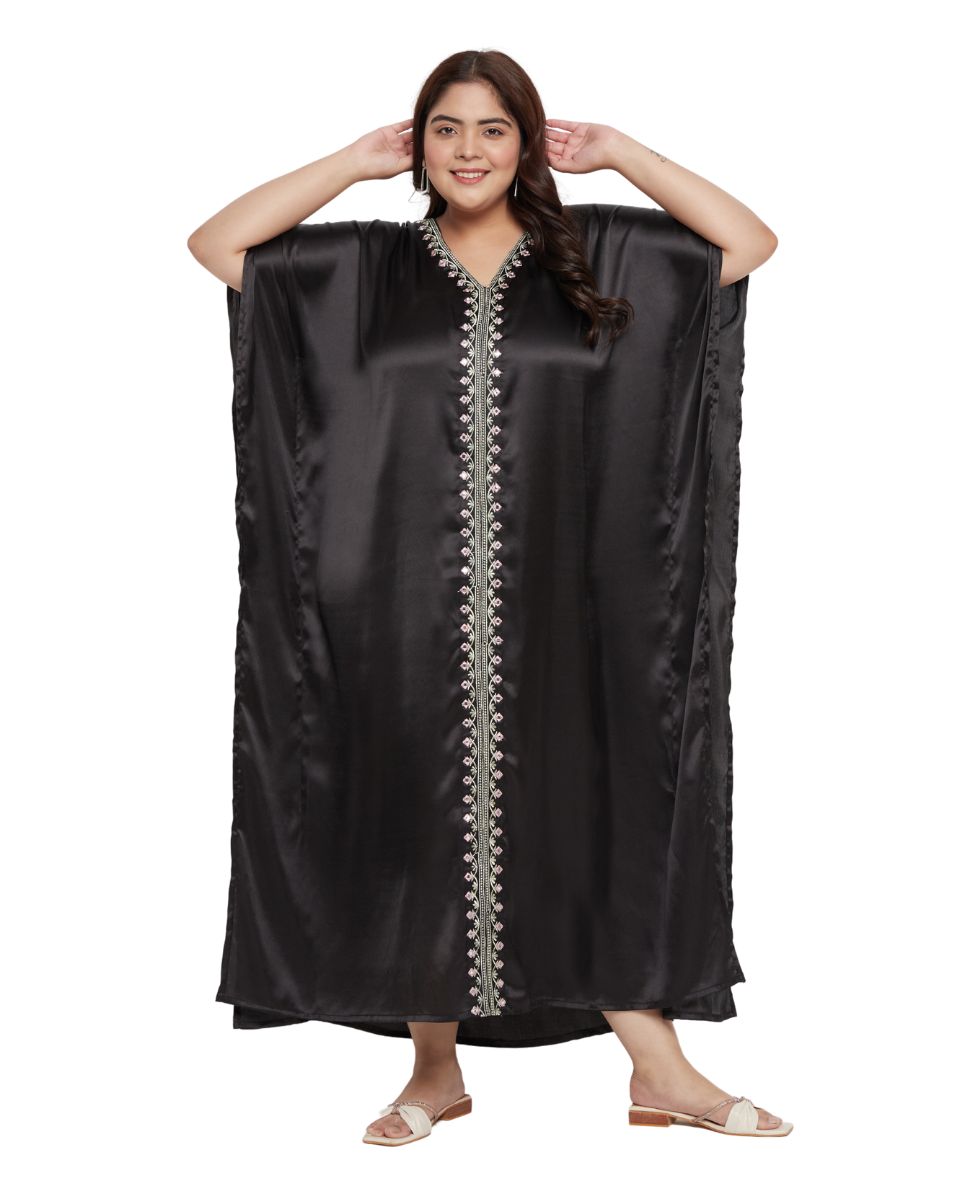 Embroidery Lace Black Satin Kaftan Dress
