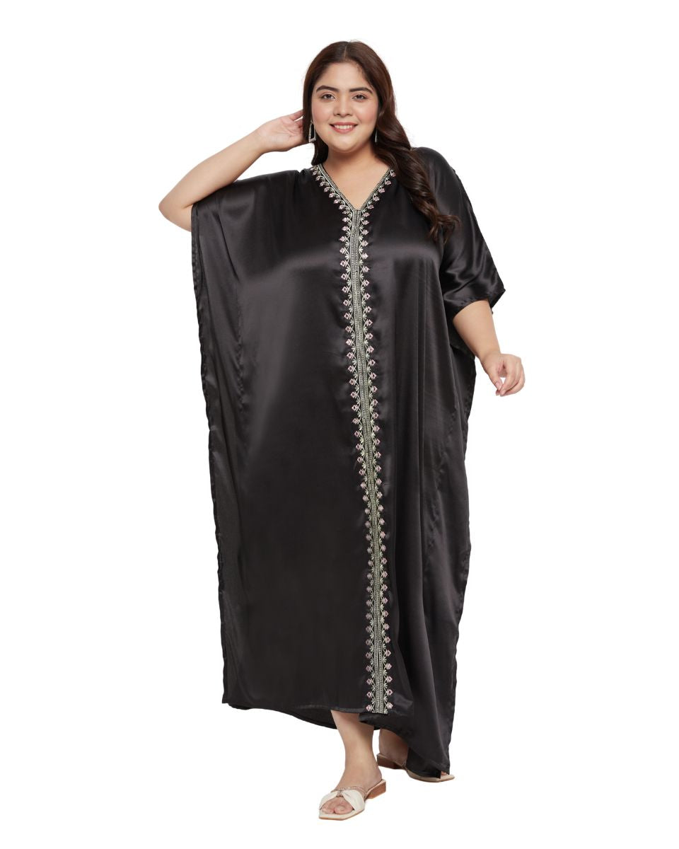 Black Satin Kaftan Dress with Embroidery Lace Detail