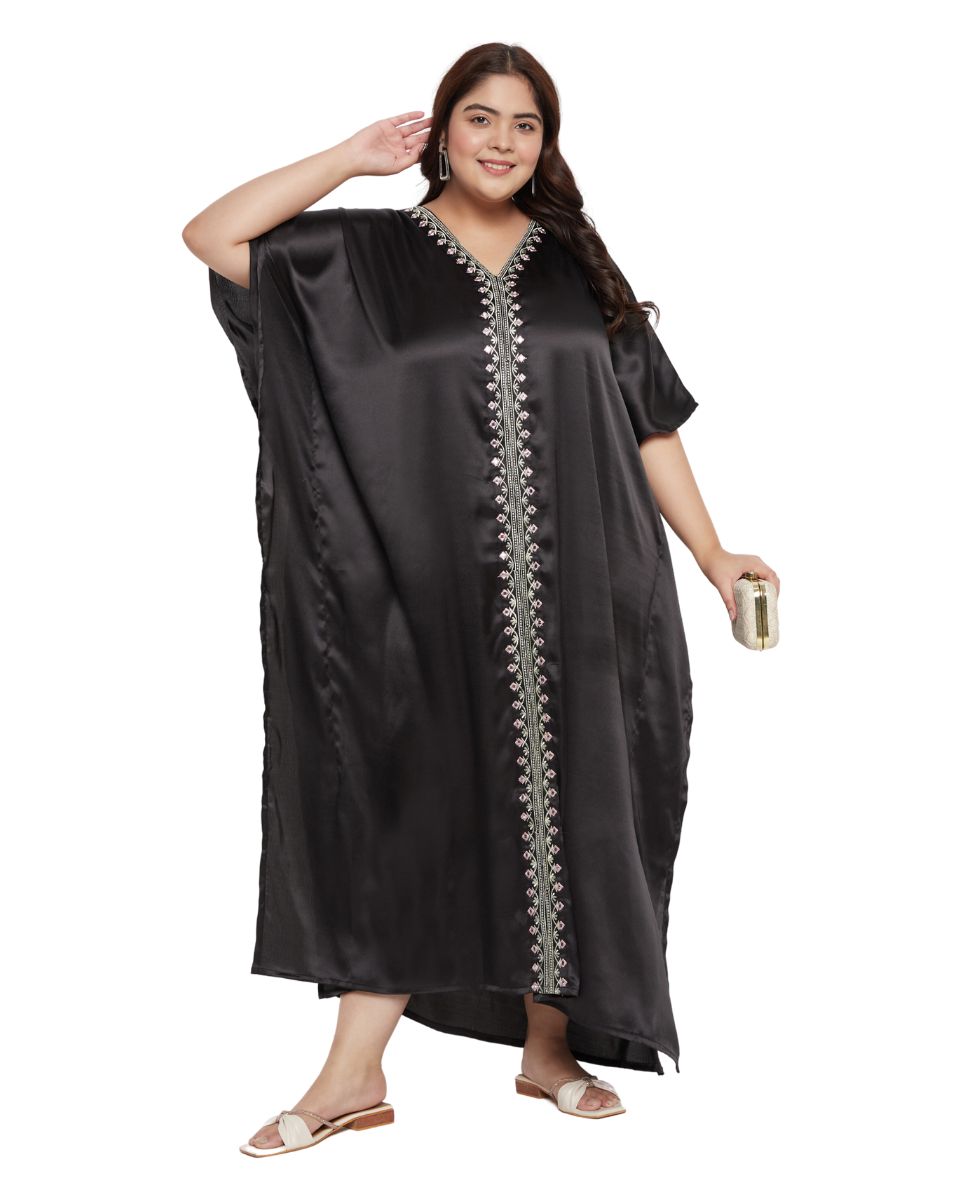 Lace Detail Black Satin Women's Kaftan Dress
