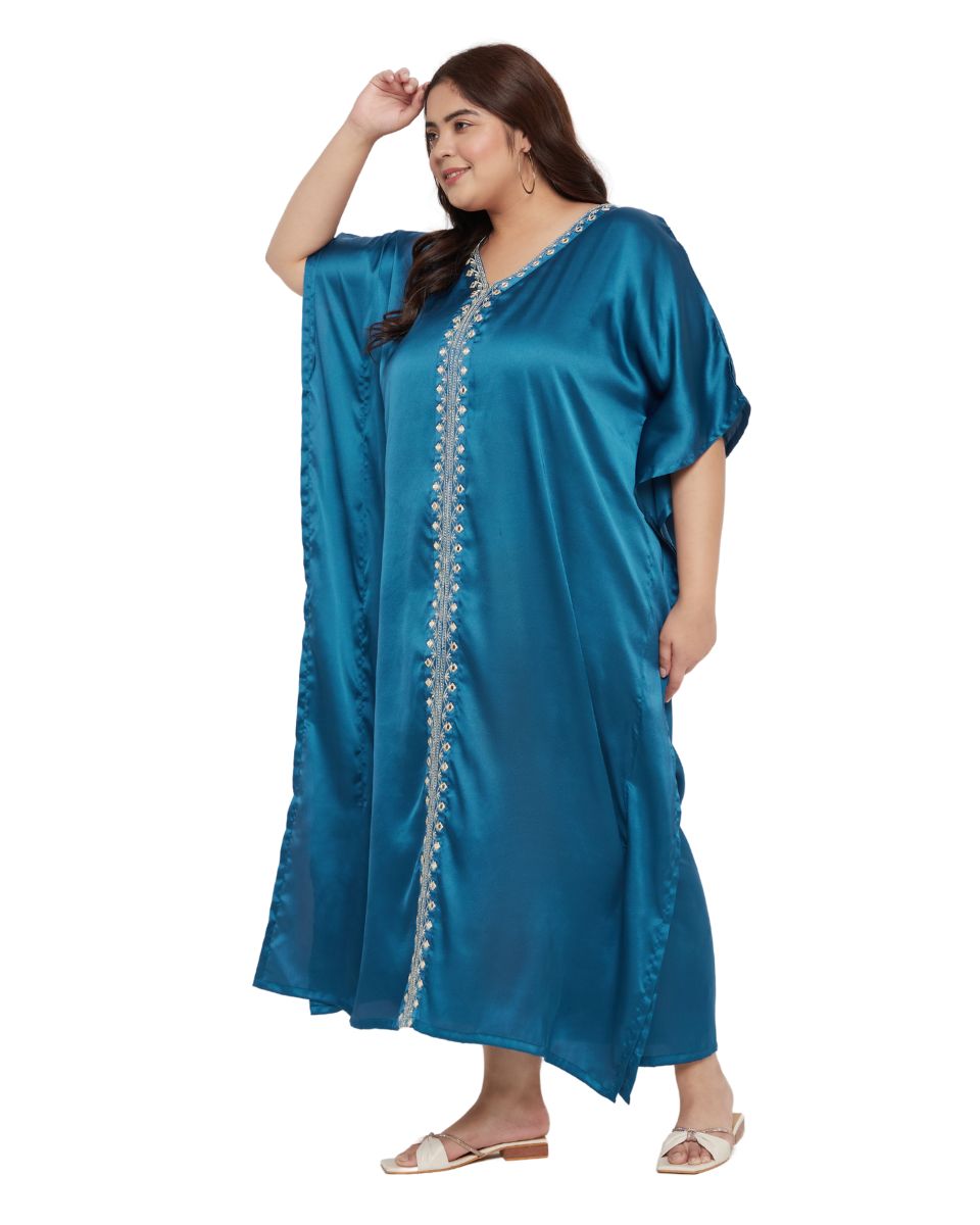Corsair Blue Satin Long Kaftan Dress with Delicate Lace