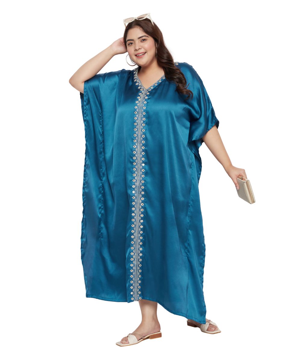 Luxurious Corsair Blue Satin Kaftan Dress with Exquisite Lace