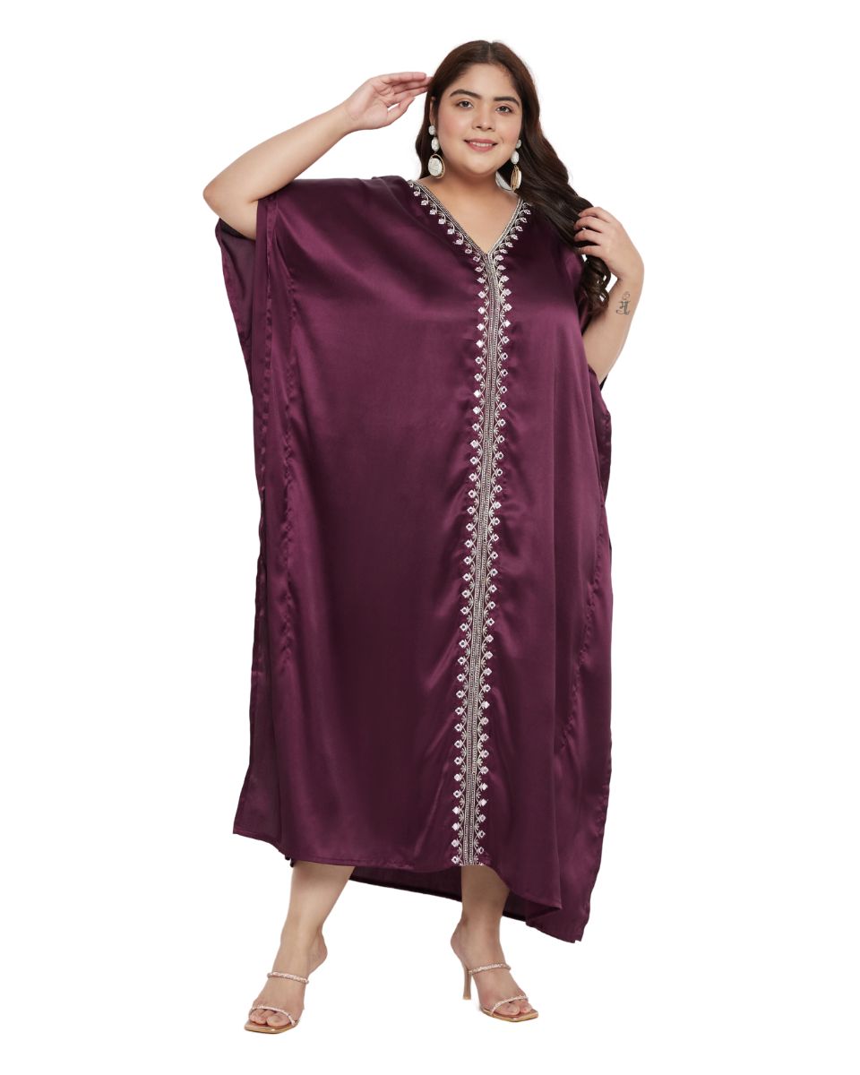Wine Satin Kaftan Dress with Embroidery Lace Detail