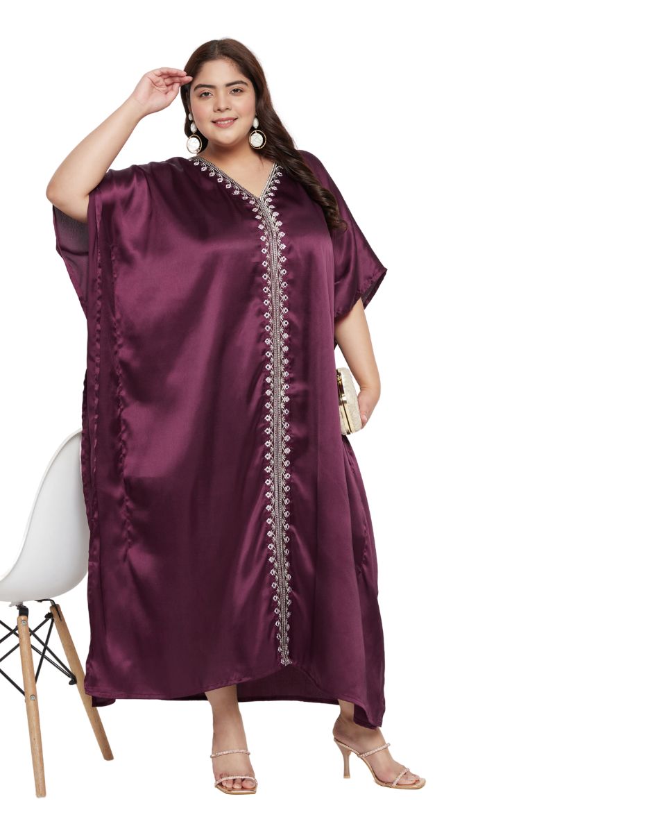 Solid Wine Satin Kaftan Dress with Intricate Lace