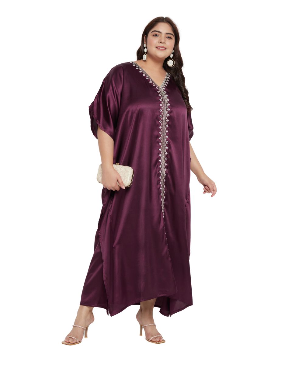 Wine Satin Long Dress with Delicate Lace Detailing