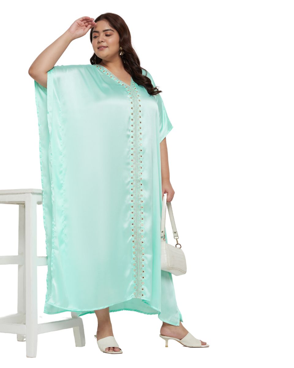 Satin Kaftan Solid With Embroidery Lace Ice Green For Plus Size Women