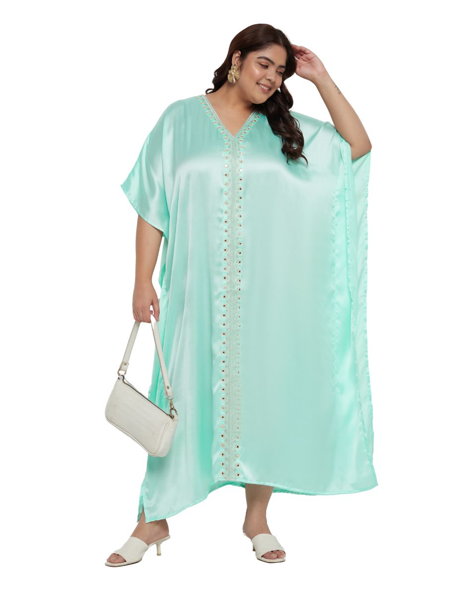 Embroidered Satin Kaftan Dress in Ice Green