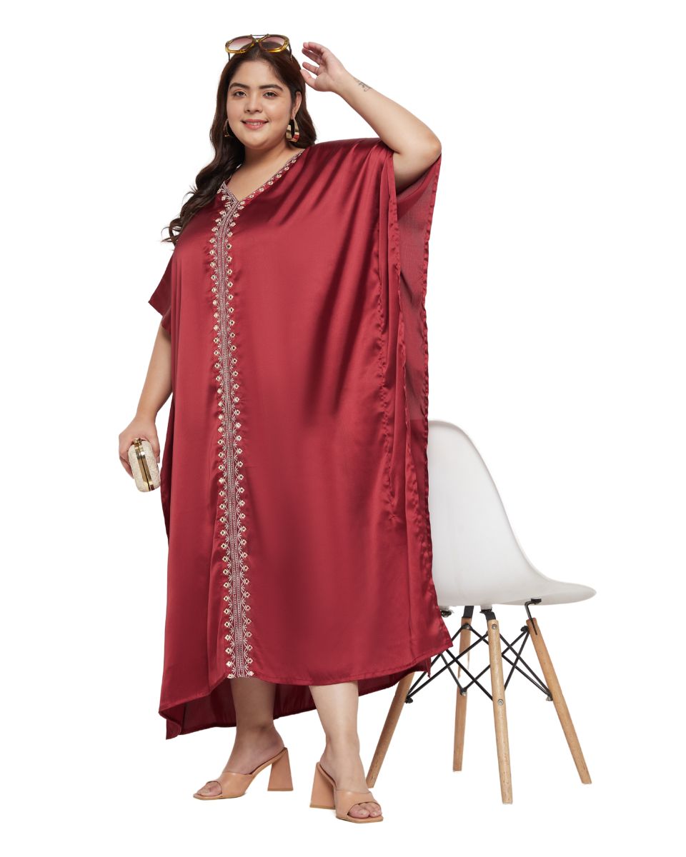 Solid with Embroidery Lace Jester Red Satin Women Kaftan Dress