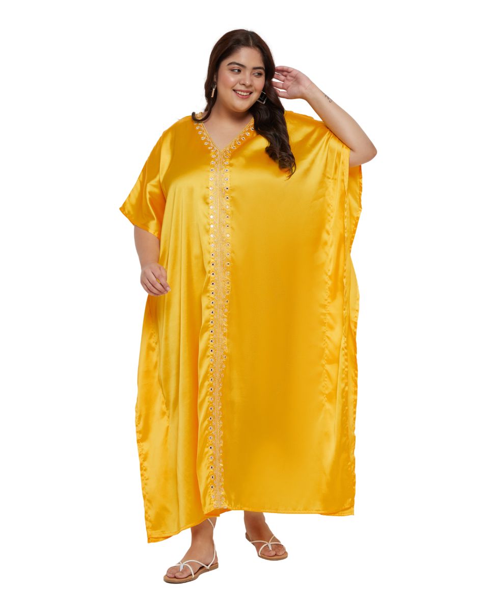 Solid with Embroidery Lace Yellow Satin Women Kaftan Dress