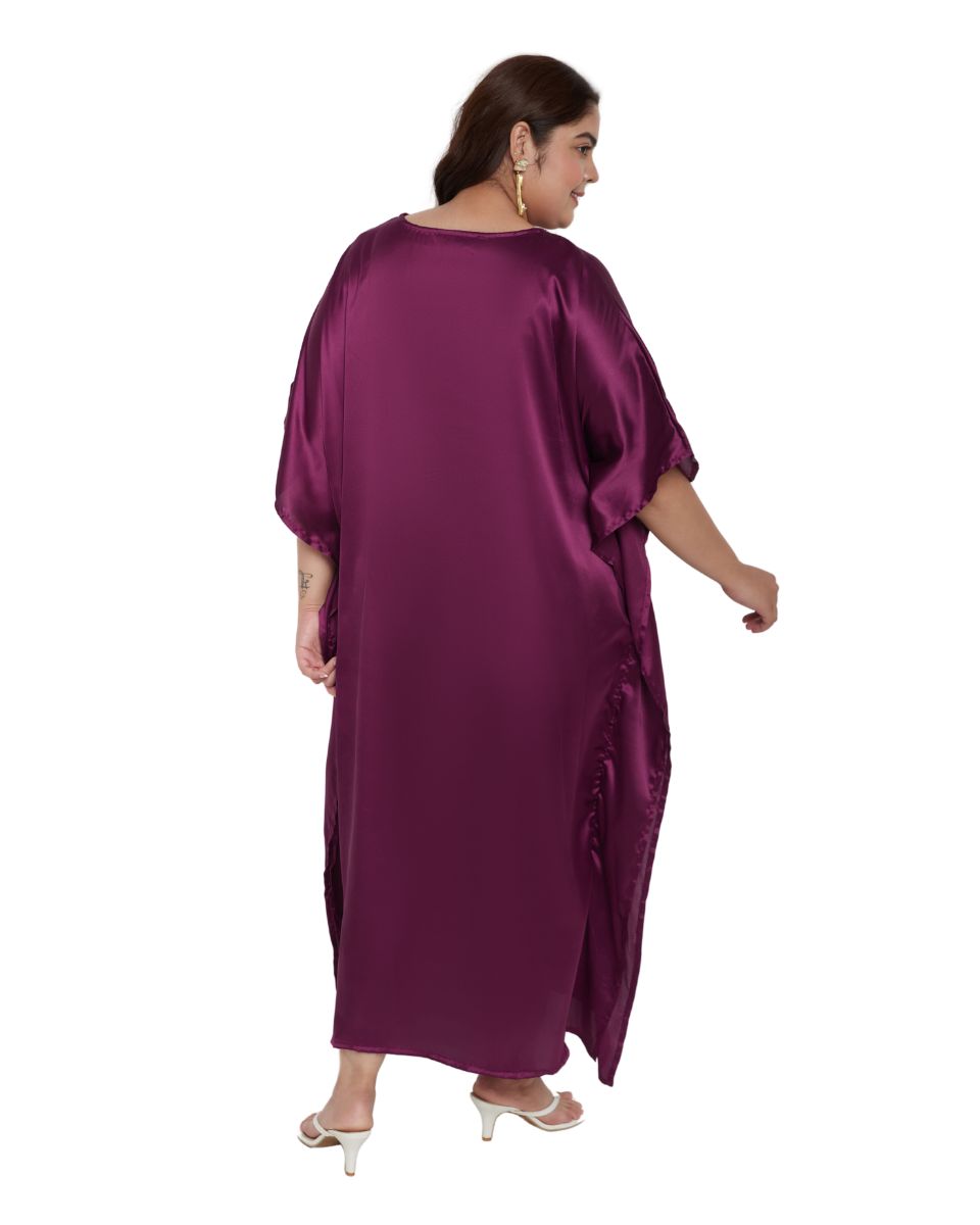 Solid with Embroidery Lace Purple Satin Women Kaftan Dress