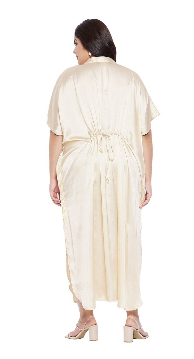 Beige satin plus size button kaftan with kimono sleeves and side pockets — alternate view