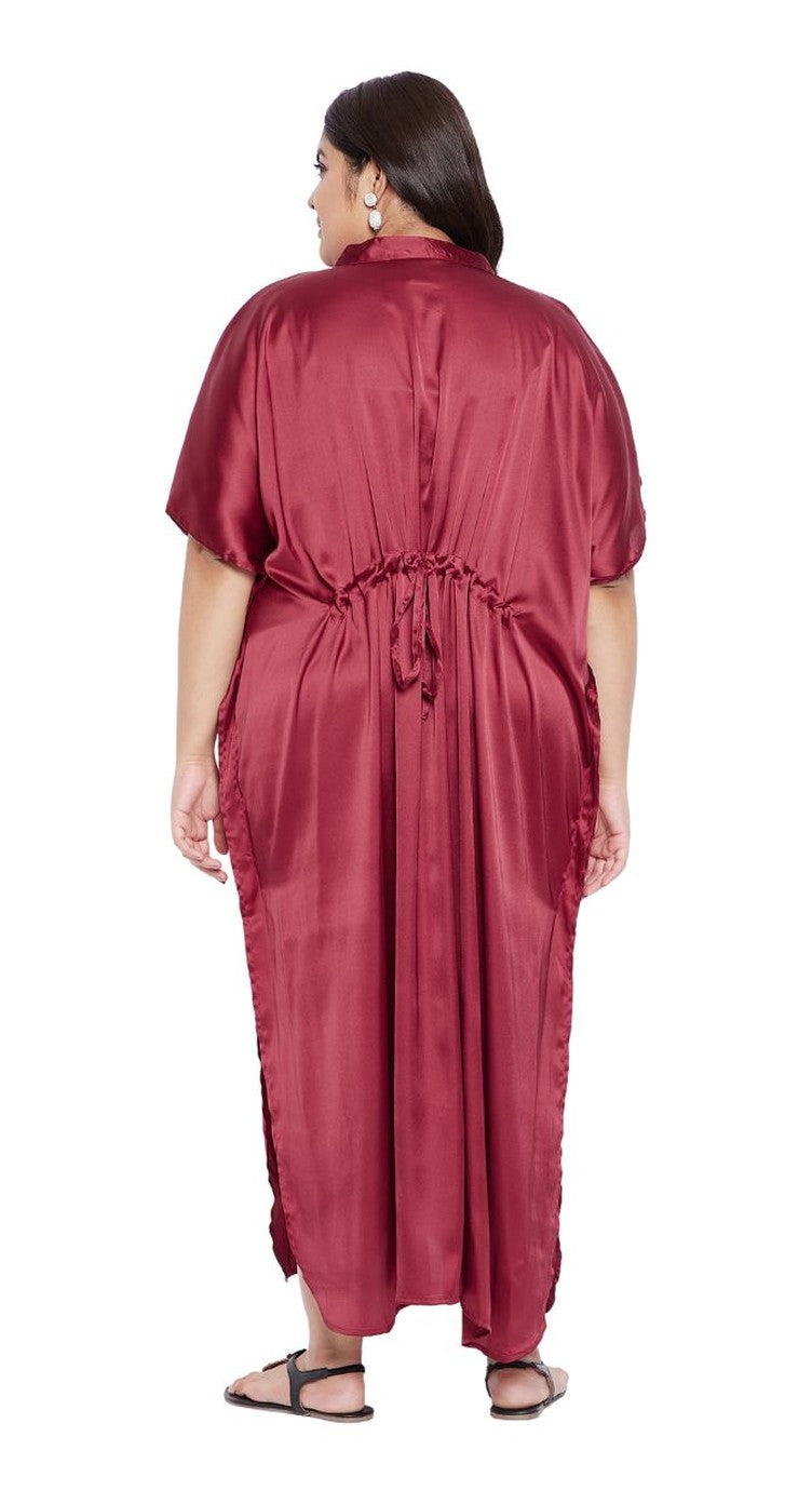 Deep red satin plus size button-front kaftan with kimono sleeves and side pockets — alternate view