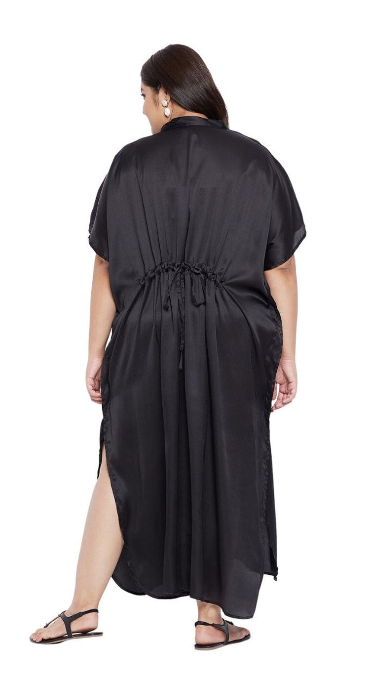 Solid Black Satin Button Kaftan Plus Size Dress For Women - SKU FPK-1004 - Gypsie Blu