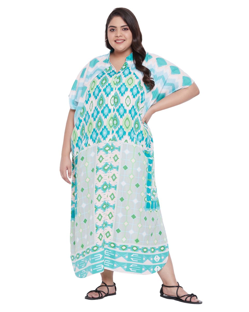 Geometric Plus Size Printed White Polyester Button Kaftan For Women