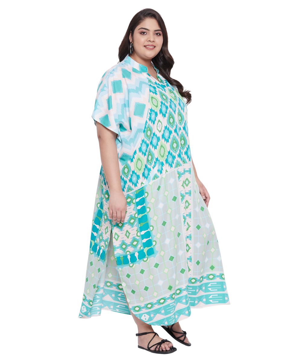 Geometric Plus Size Printed White Polyester Button Kaftan For Women