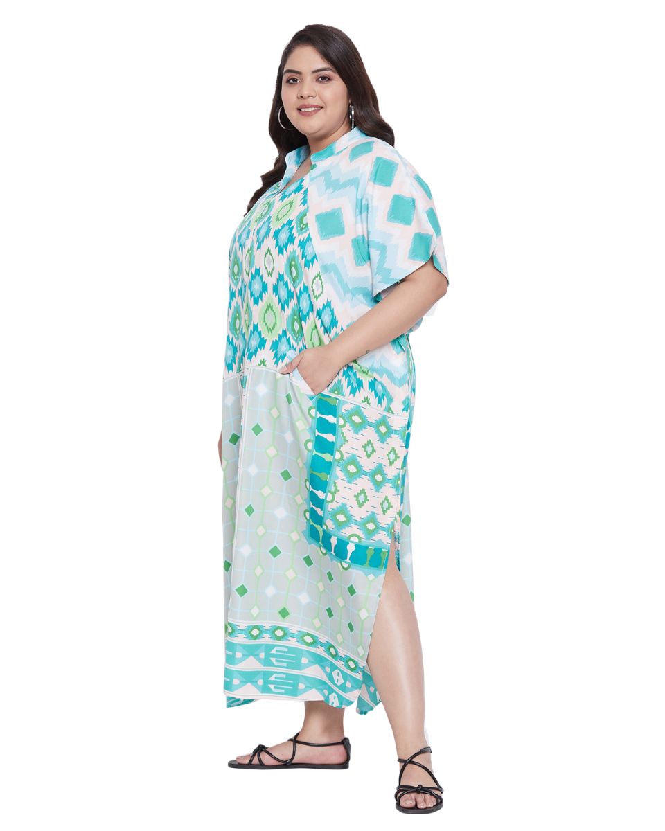 Geometric Plus Size Printed White Polyester Button Kaftan For Women