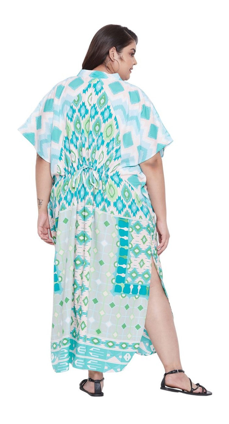 Teal geometric print plus size button kaftan with kimono sleeves and side slit — extra view