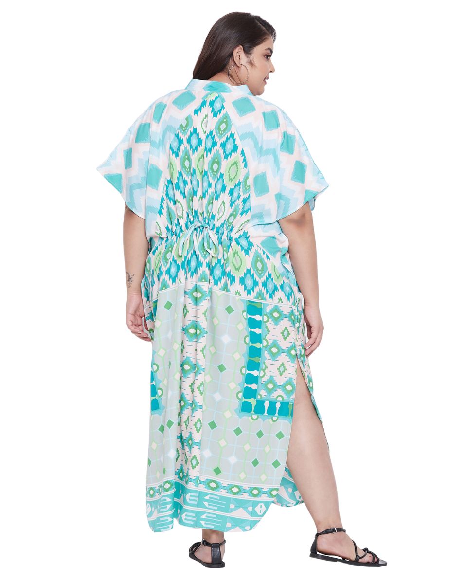 Geometric Plus Size Printed White Polyester Button Kaftan For Women