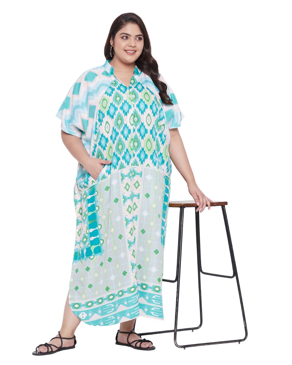 Geometric Plus Size Printed White Polyester Button Kaftan For Women