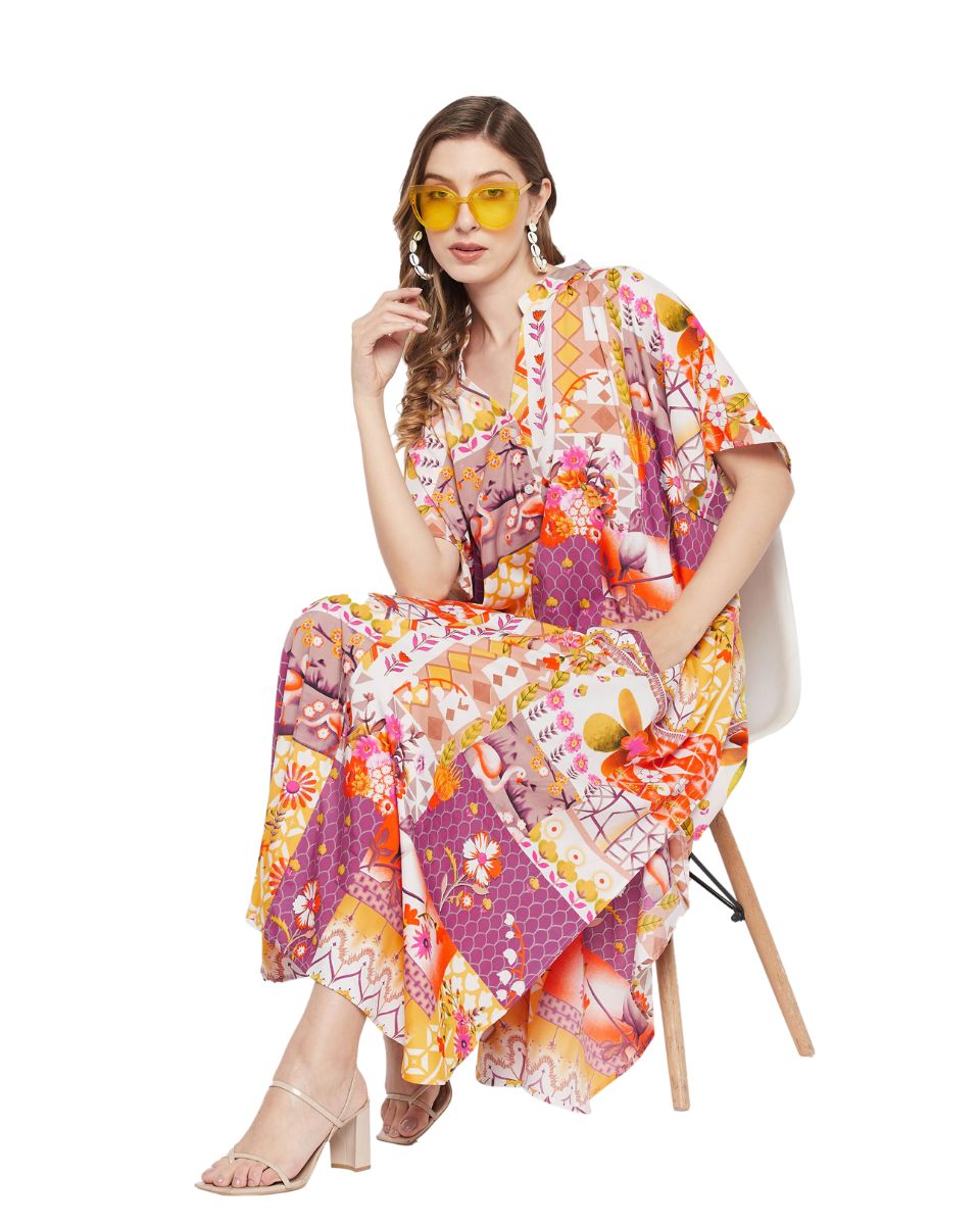 Floral Printed Multicolor Polyester Button Kaftan Dress for Women