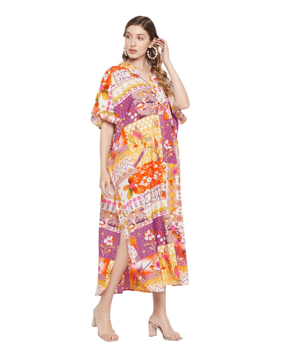 Floral Printed Multicolor Polyester Button Kaftan Dress for Women