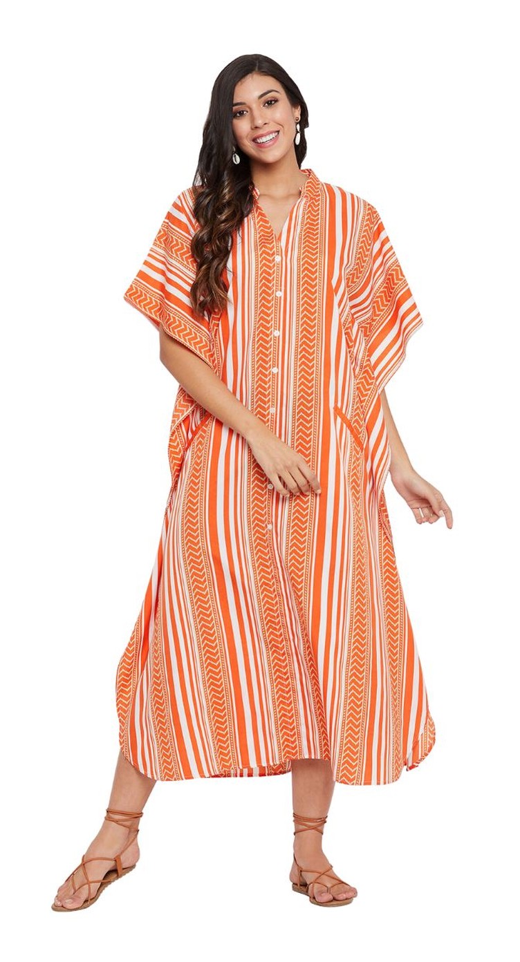 Orange and white stripe print polyester plus size button kaftan with kimono sleeves