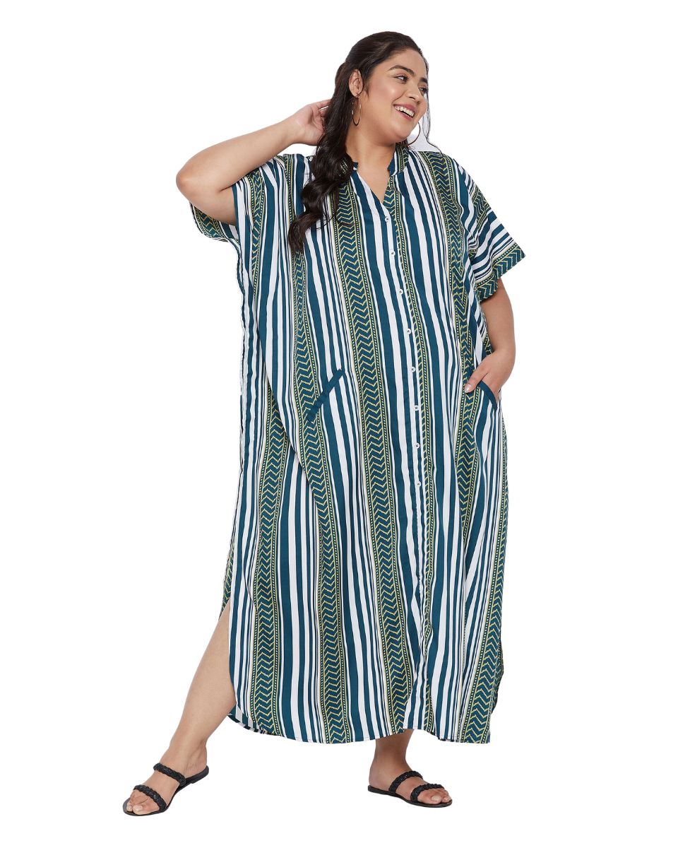 Stripe Printed Teal Polyester Button Kaftan Dress for Women