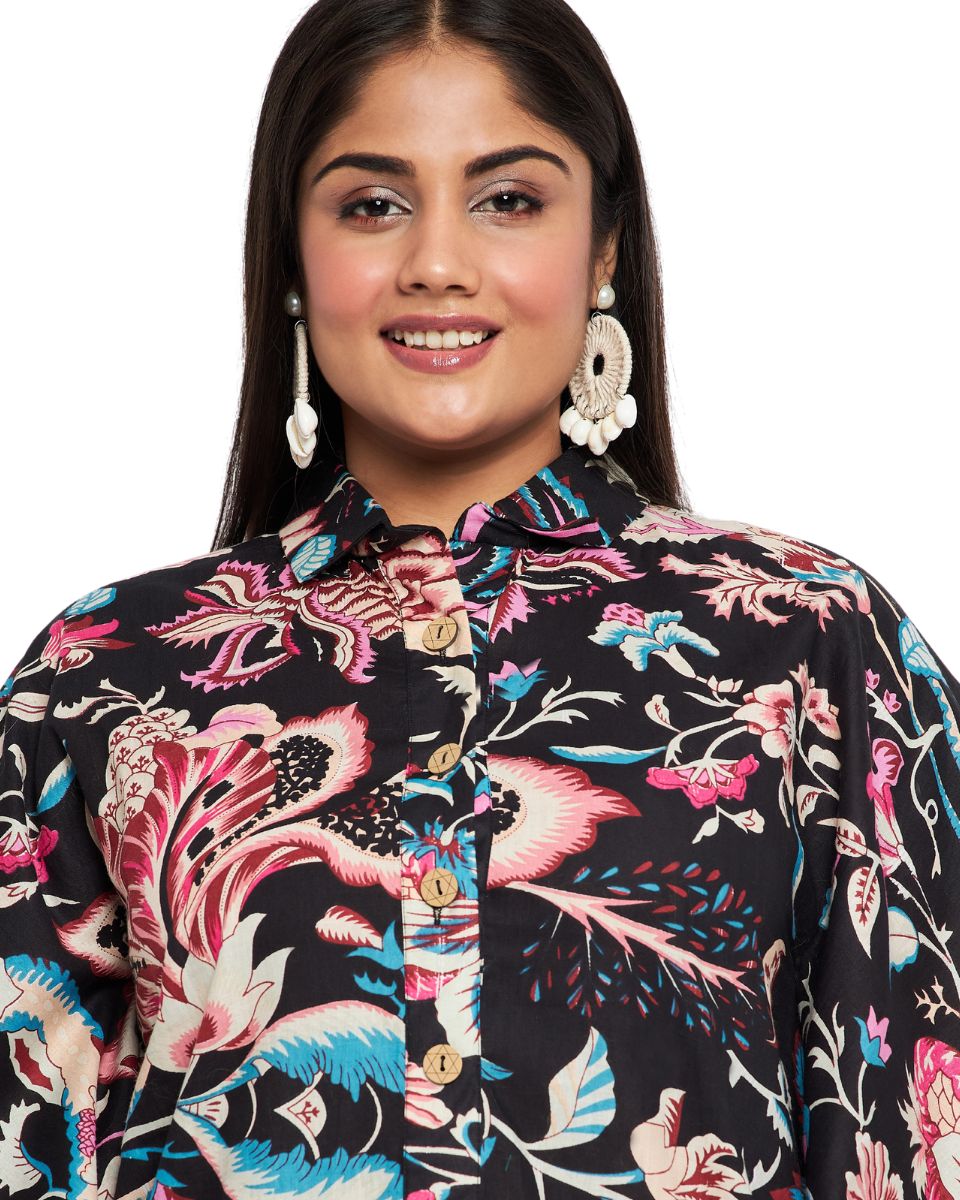Floral Printed Black Cotton Front Open Button Tunic Top for Women