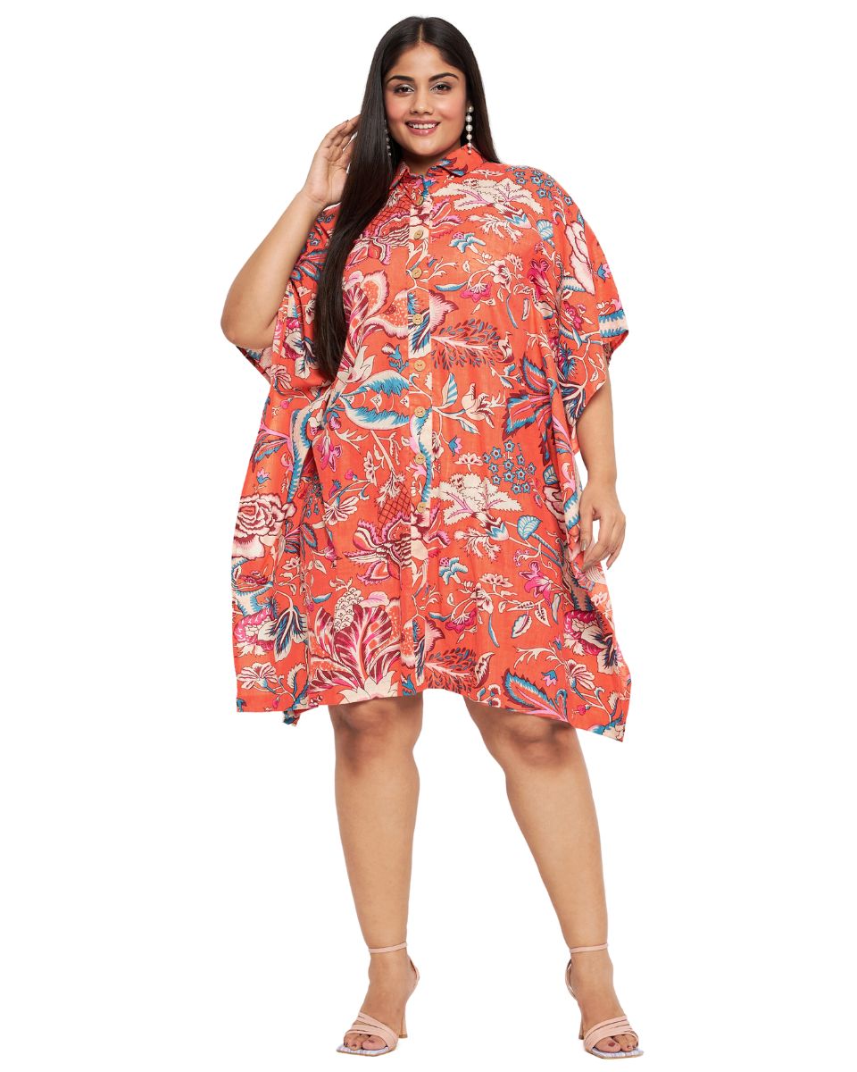 Floral Printed Orange Cotton Front Open Button Tunic Top for Women
