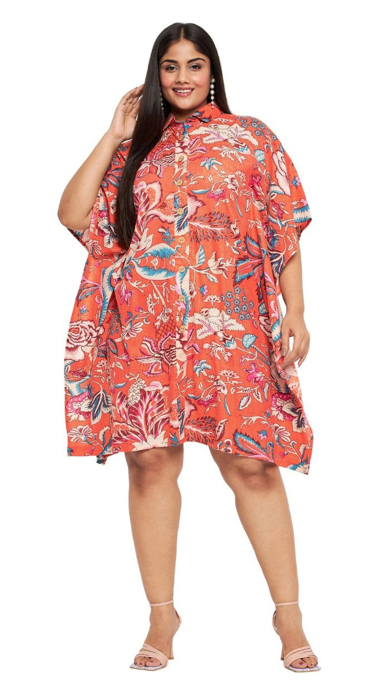 Floral Print Orange Cotton Front Button Plus Size Tunic Top For Women - SKU SKFT-1004-ORG - Gypsie Blu