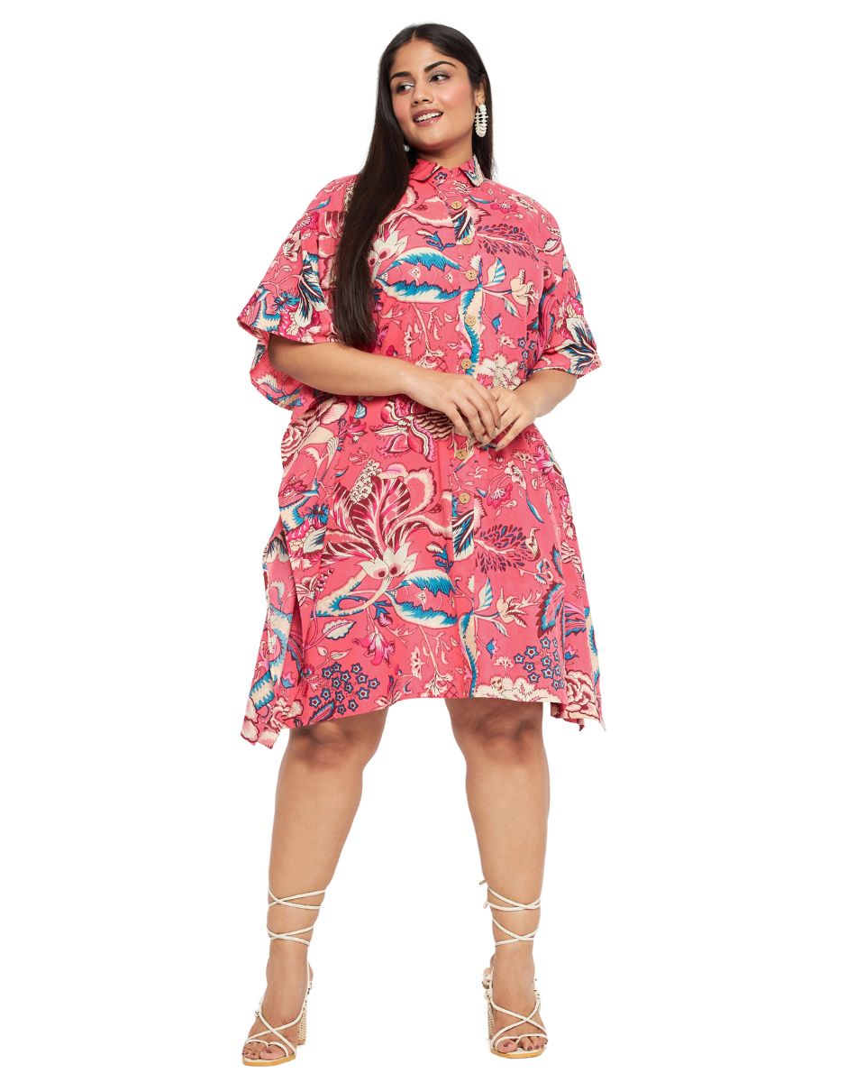 Floral Printed Peach Cotton Open Button Tunic Plus Size Top For Women