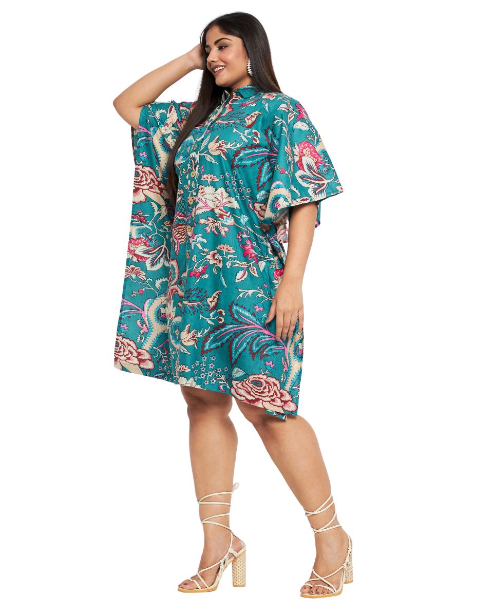 Floral Printed Turquoise Cotton Front Open Button Tunic Top for Women