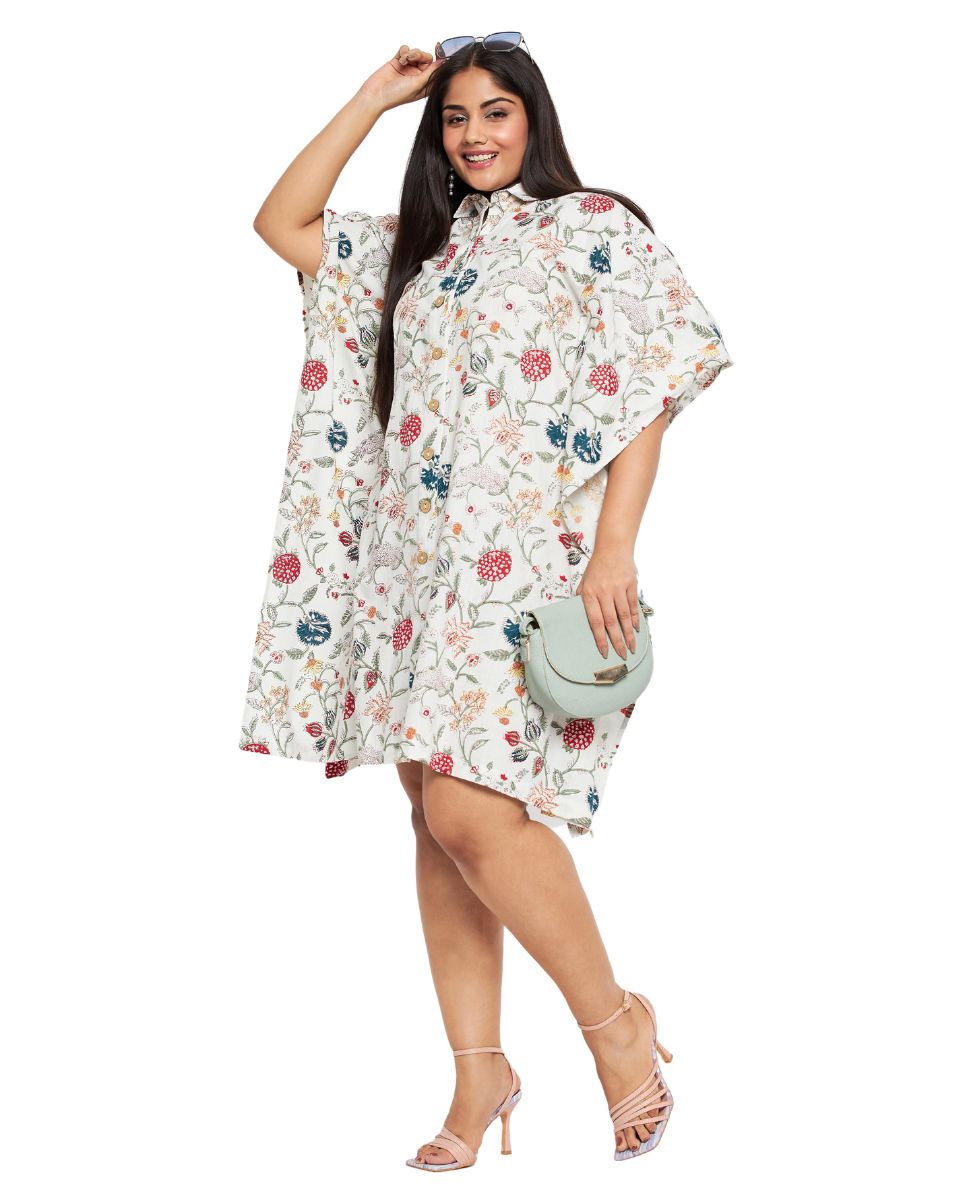 Floral Print White Cotton Front Open Button Plus Size Tunic For Women