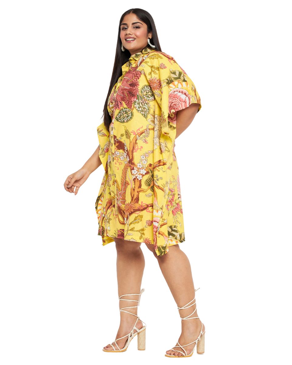 Floral Print Yellow Cotton Front Open Button Tunic For Plus Size Women