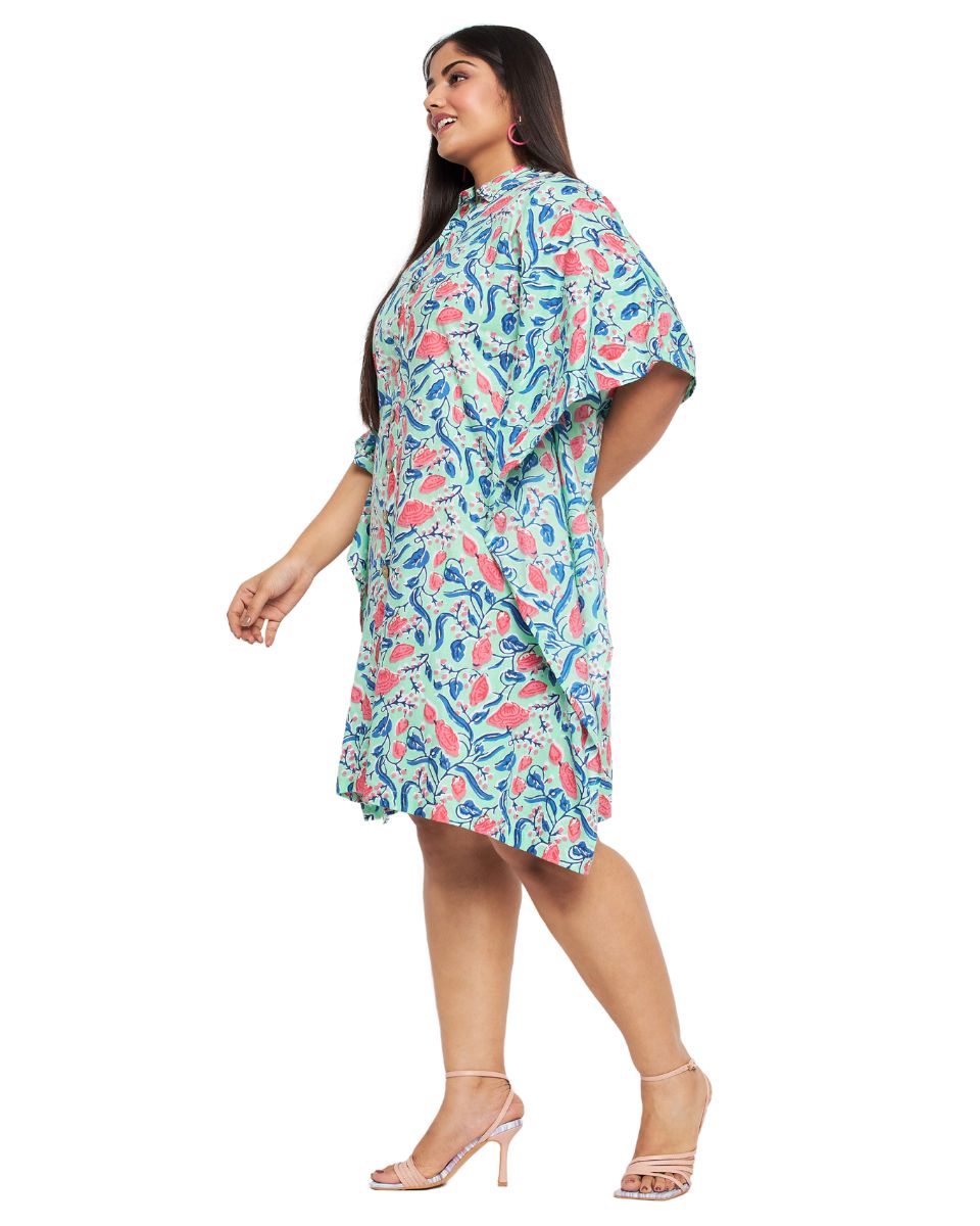 Floral Print Pista Green Cotton Front Button Tunic For Plus Size Women