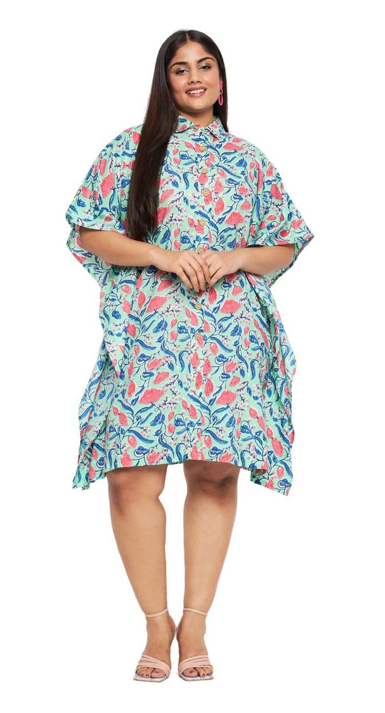 Floral Print Pista Green Cotton Front Button Tunic For Plus Size Women - SKU SKFT-1009-PGRN - Gypsie Blu