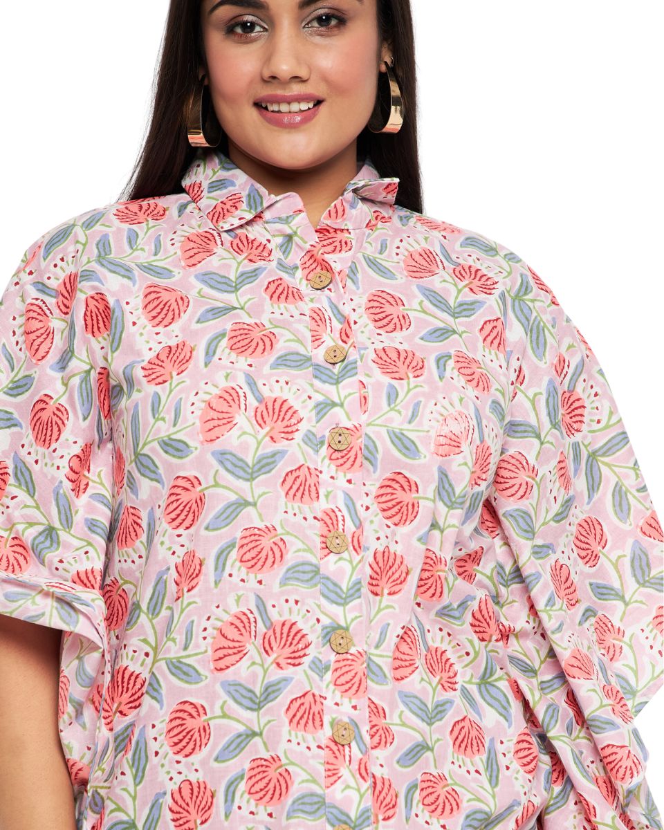 Floral Printed Baby Pink Cotton Front Open Button Tunic Top for Women