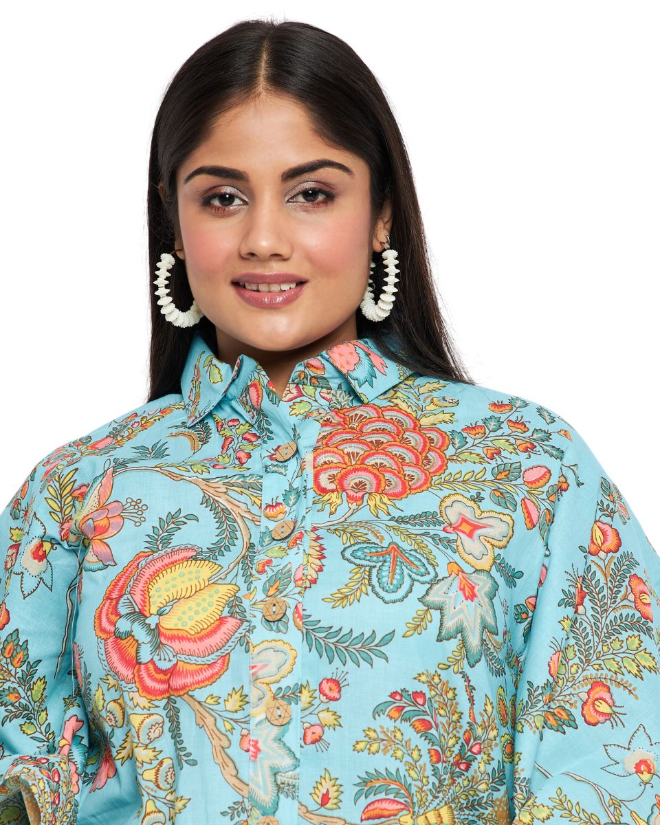 Floral Printed Sky Blue Cotton Front Open Button Tunic Top for Women