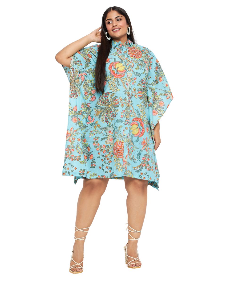 Floral Printed Sky Blue Cotton Front Open Button Tunic Top for Women