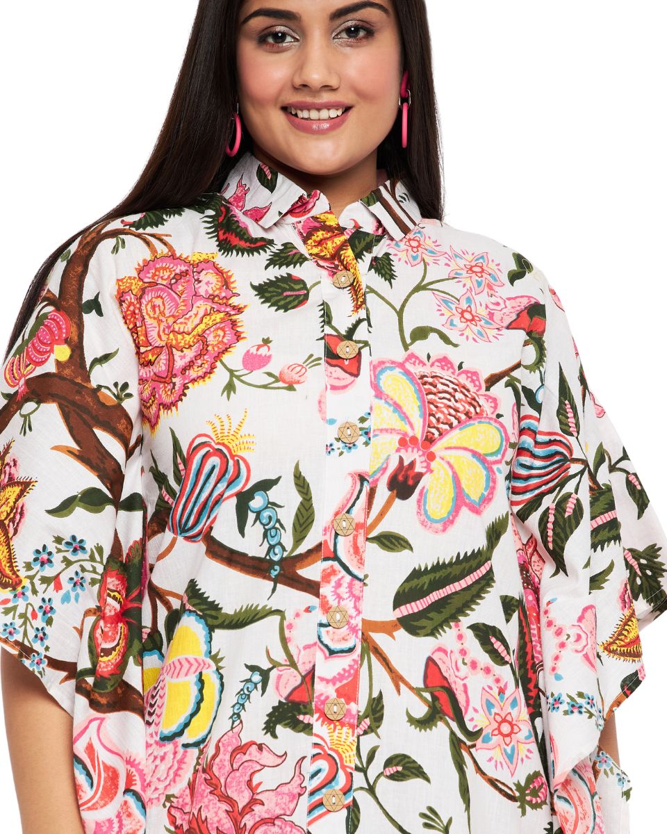 Floral Printed White Cotton Front Open Button Tunic Top for Women
