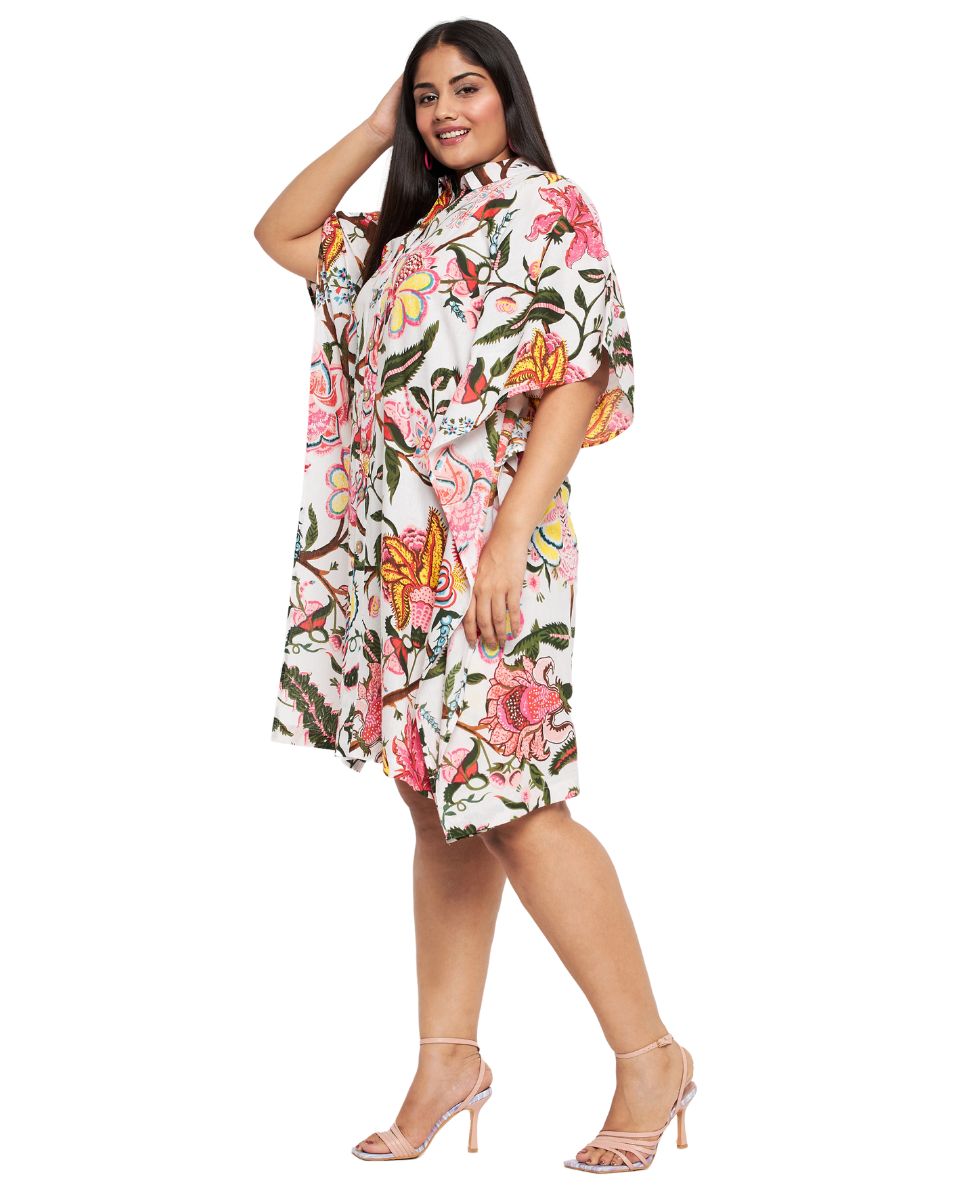 Floral Print White Cotton Front Open Button Tunic For Plus Size Women