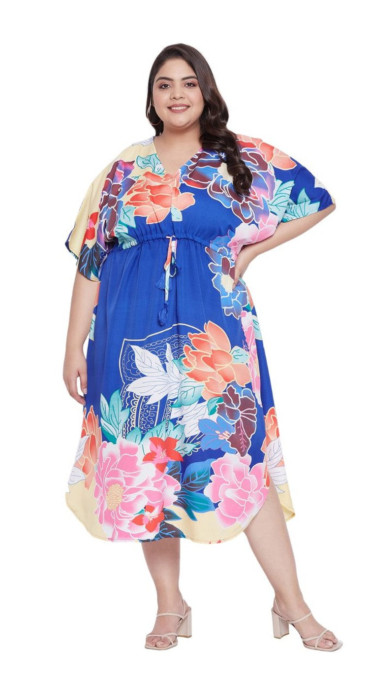 Floral Printed Plus Size Blue Polyester Kaftan Dress For Women - SKU KF-1000-BLUE - Gypsie Blu
