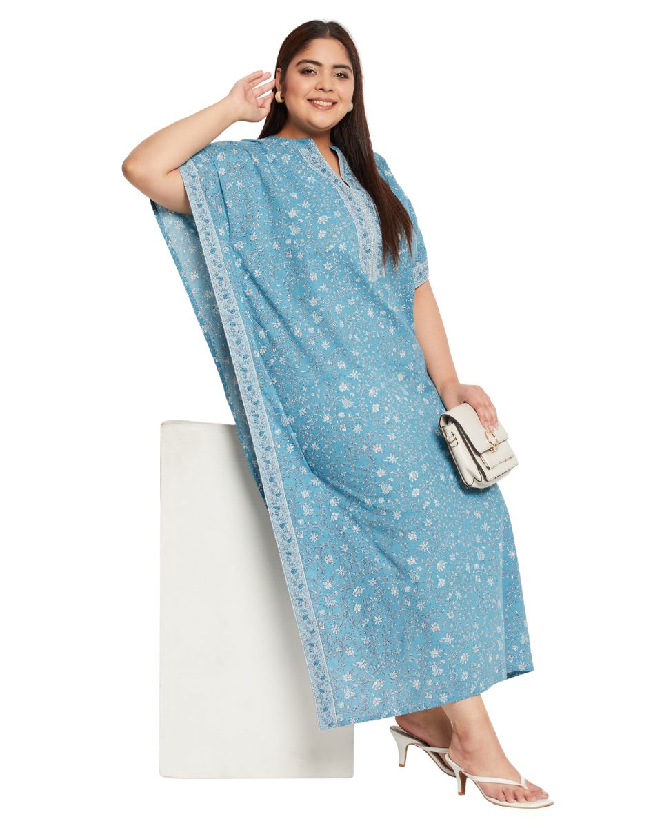 Baby Blue Cotton Floral Printed Bordered Kaftan For Plus Size Women